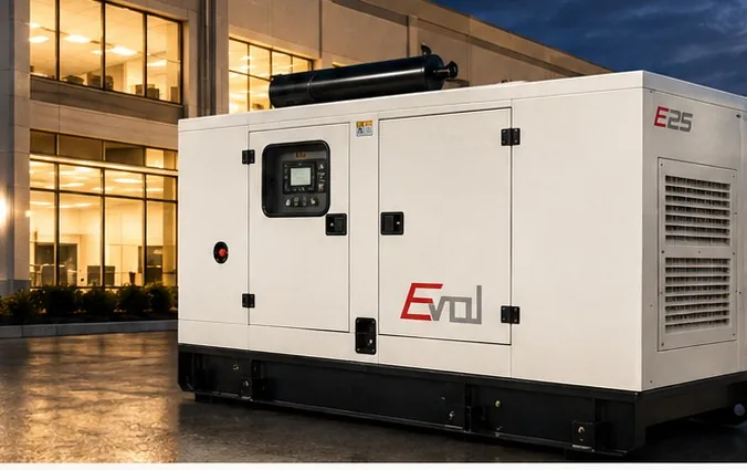 EVOL diesel generator outside a commercial building at night