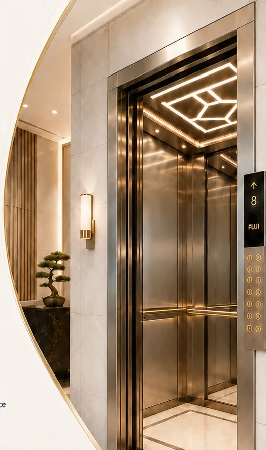 Fuji elevator car with patterned ceiling lighting
