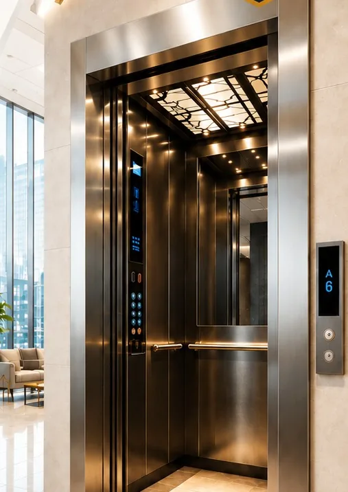 Sigma elevator car with brushed metal interior in a lobby