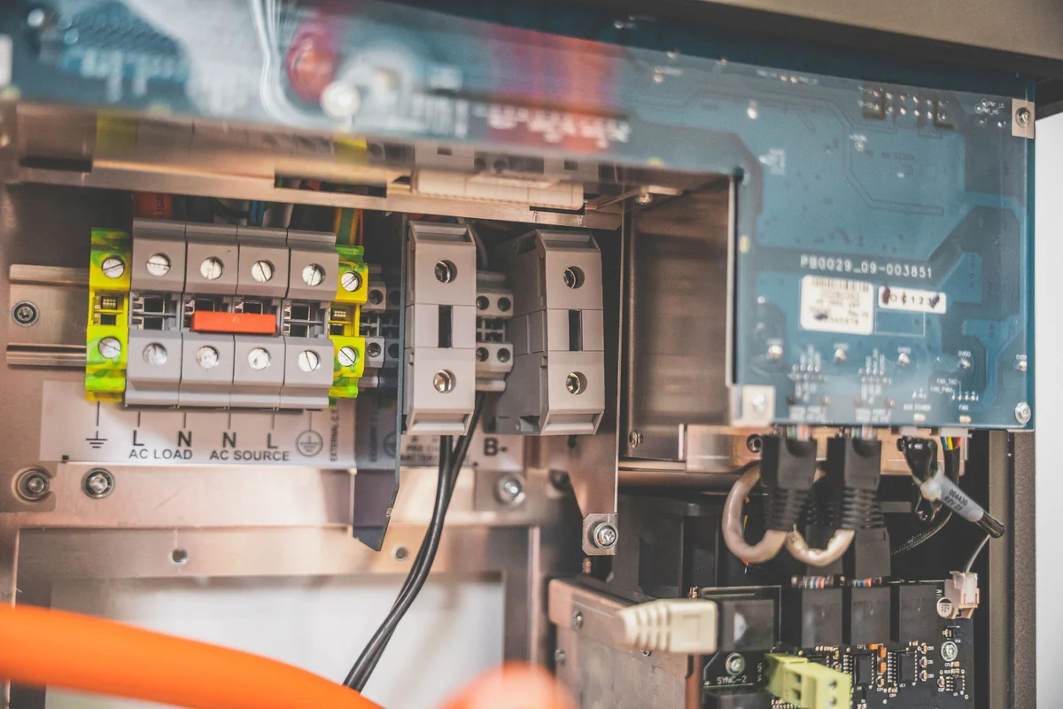 Close-up of solar inverter internals and terminals